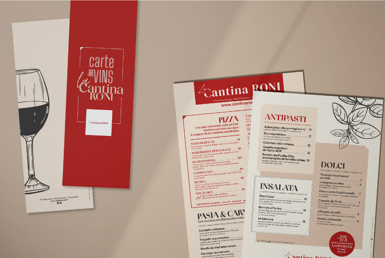 carte boissons et flyer pour un restaurant La Cantina Roni à Bordeaux