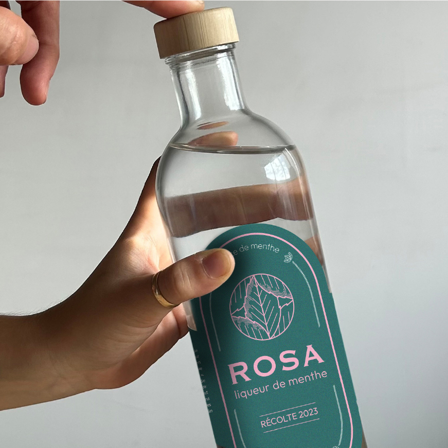 étiquette pour Rosa, liqueur de menthe en Gironde
