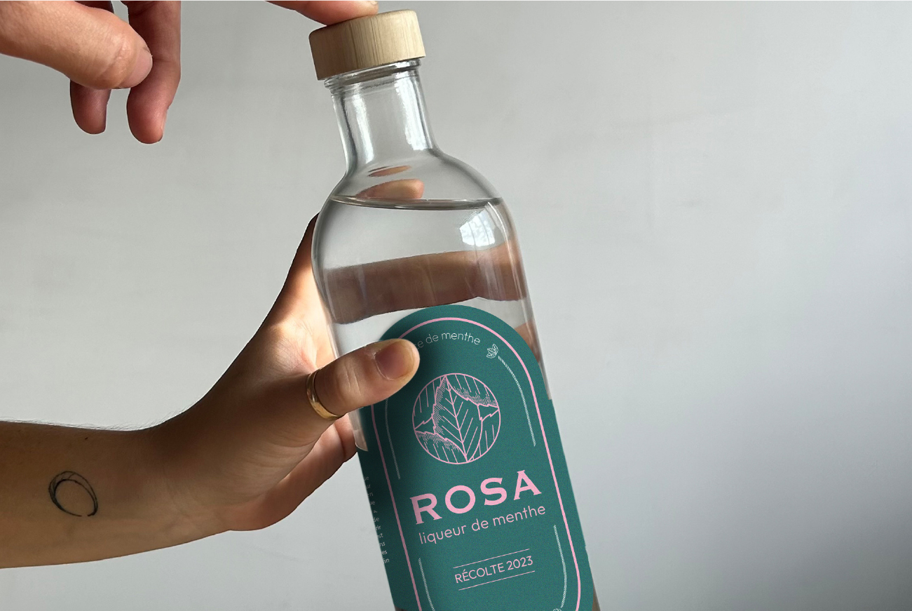 étiquette pour Rosa, liqueur de menthe en Gironde